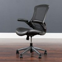 Flash Furniture BL-X-5M-LEA-GG Mid-Back Black Mesh Chair with Leather Seat and Nylon Base